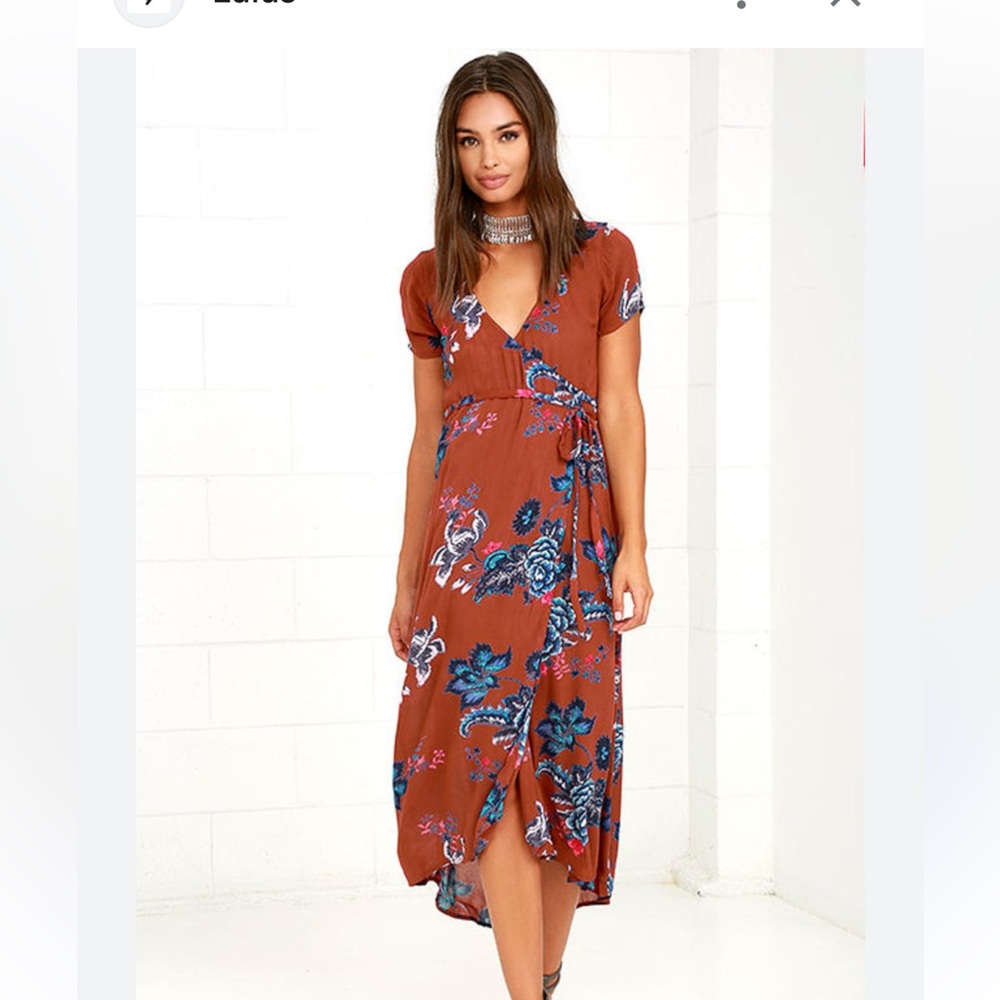 Billabong Wrap Me Up Rust Red Floral Print Wrap Dress